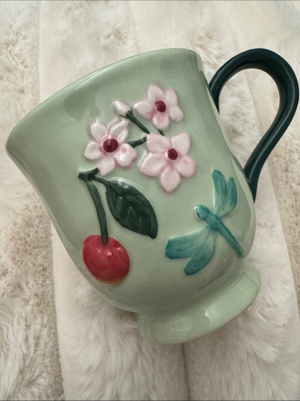 Anthropologie Faye Frazee Mint Green Mug Pink Blossoms, Red Cherries dragonfly